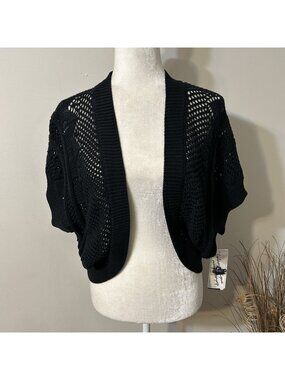 NWT Peter Nygard Women Open Crochet Knot Cardigan Bolero Black 100% Cotton Sz L